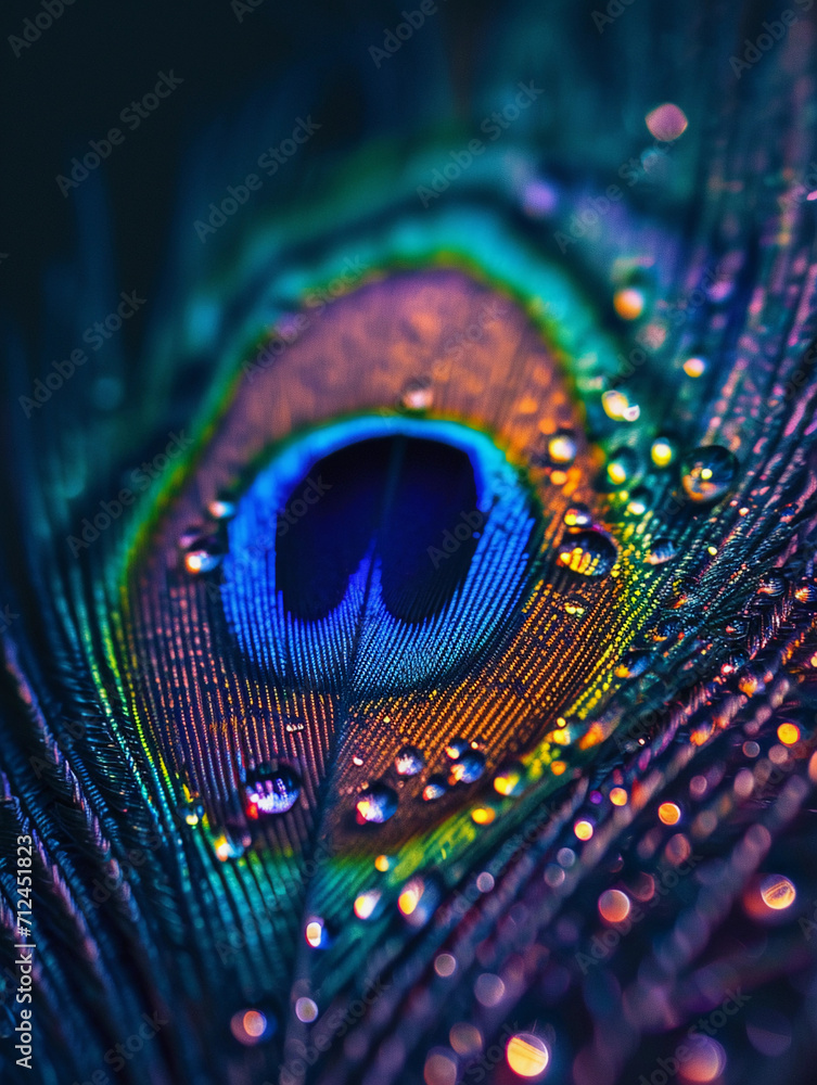 Naklejka premium peacock feather, emphasizing the iridescent eye pattern, with droplets of water on its surface, reflecting light