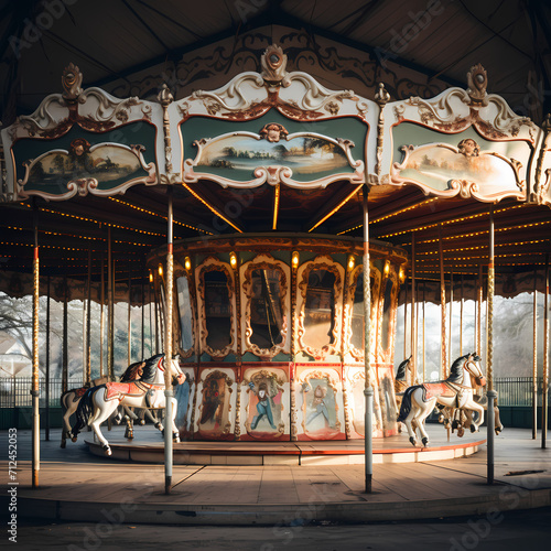 Vintage carousel in an empty amusement park.