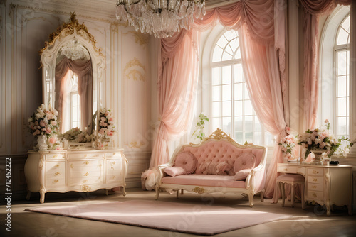 Princess bedroom in a royal house complete design with luxurious furnishing. photo