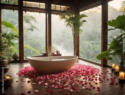 Luxurious bathroom in jungle surrounding. Luxury interior bathroom modern bathtub and green exotic plants palms leaves in villa. Bali hotel spa concept. Exotical vacations, body and skin care concept