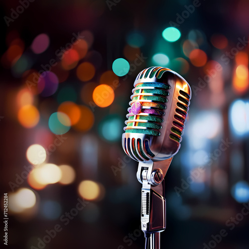 Vintage microphone on a stage with colorful spotlights