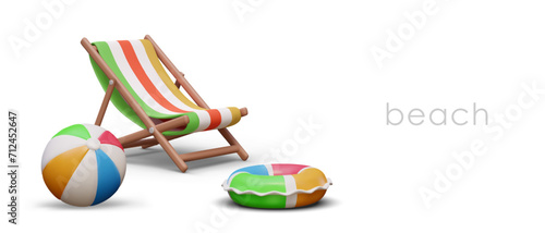 3D folding chair, inflatable ring, beach ball. Color vector illustration on white background with shadows. Goods for recreation on beach. Advertising of store of summer toys and water accessories