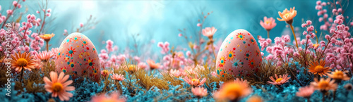Background, eggs and color for holiday, vacation and easter season with color, chocolate and celebration. Flowers, banner and decoration in abstract for creative wallpaper, advertisement and art. photo