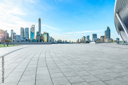 Empty square floor and city skyline with modern buildings scenery in Shanghai photo