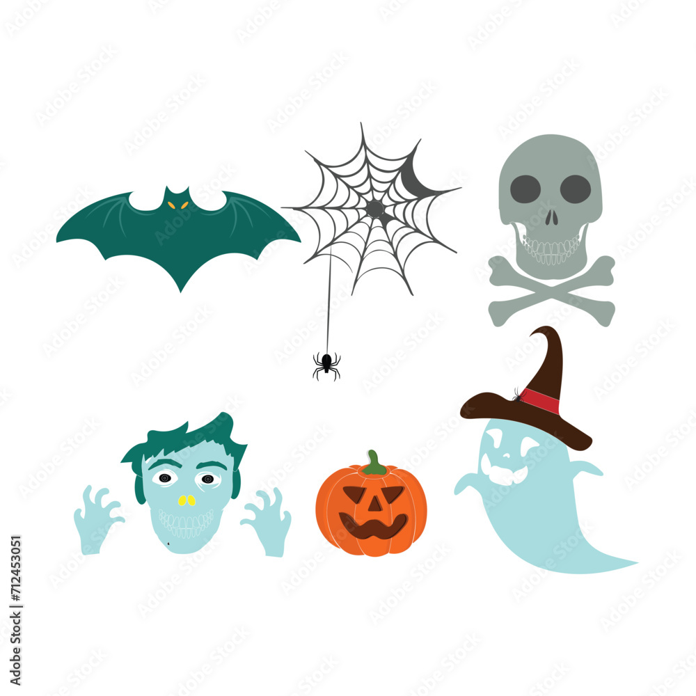 Happy Halloween day element background vector. Cute collection of spooky ghost, pumpkin, bat, candy, cat, skull, spider, grave, castle.