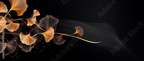 Background with gold and black branches, A black with gold leaves.Golden and black twig with leaves.Elegant seamless pattern of golden and gray ginkgo leaves in chalk paint design on black background.