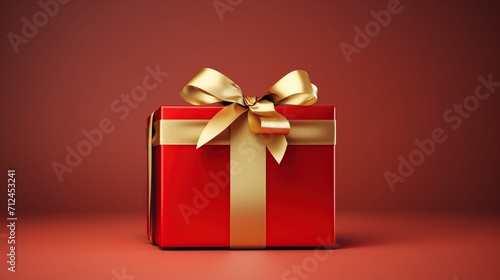 Wallpaper Mural Red gift box wrapped present with golden ribbon and bokeh light background for celebration concept. Generative AI Torontodigital.ca