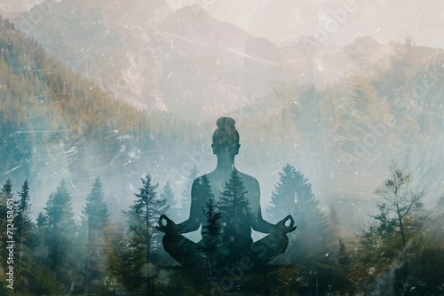Double exposure photo of a woman meditating and nature, meditation, mindfulness concept, stress relief, self-care, spirituality
