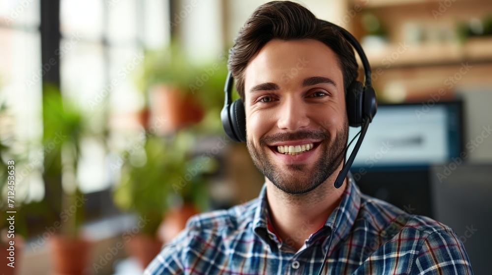 happy Male contract service representative telemarketing operator smiling to camera. Happy man call center agent or salesman wearing headset working in customer support office. happy Male contract service representative telemarketing operator smiling to camera. Happy man call center agent or salesman wearing headset working in customer support office.