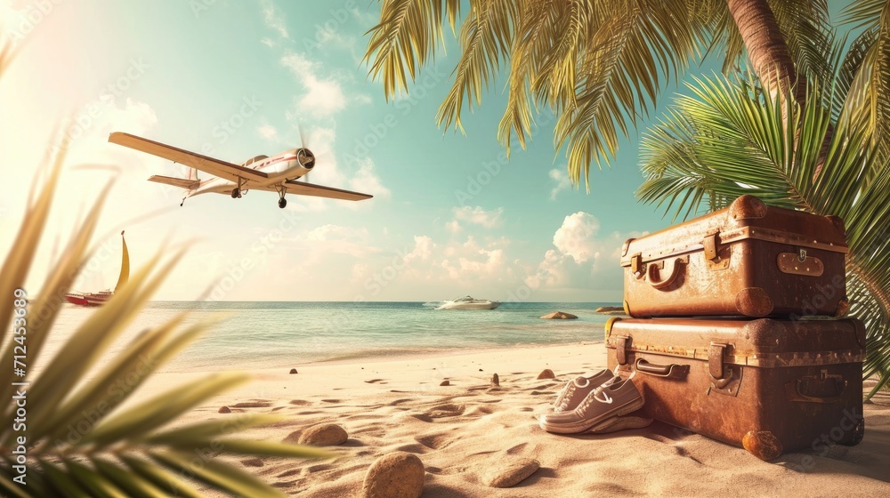 Obraz premium Traveler with suitcases and airplane on tropical beach. Vacation concept