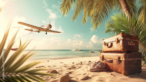 Traveler with suitcases and airplane on tropical beach. Vacation concept