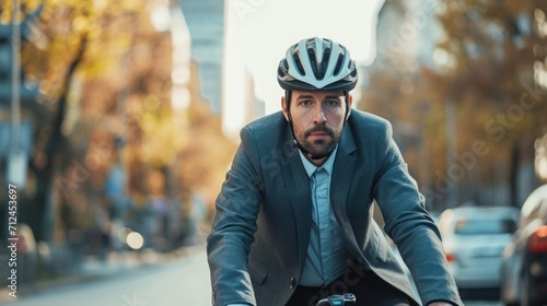 a young man with suit wearing helmet riding a bicycle on a road to work photo
