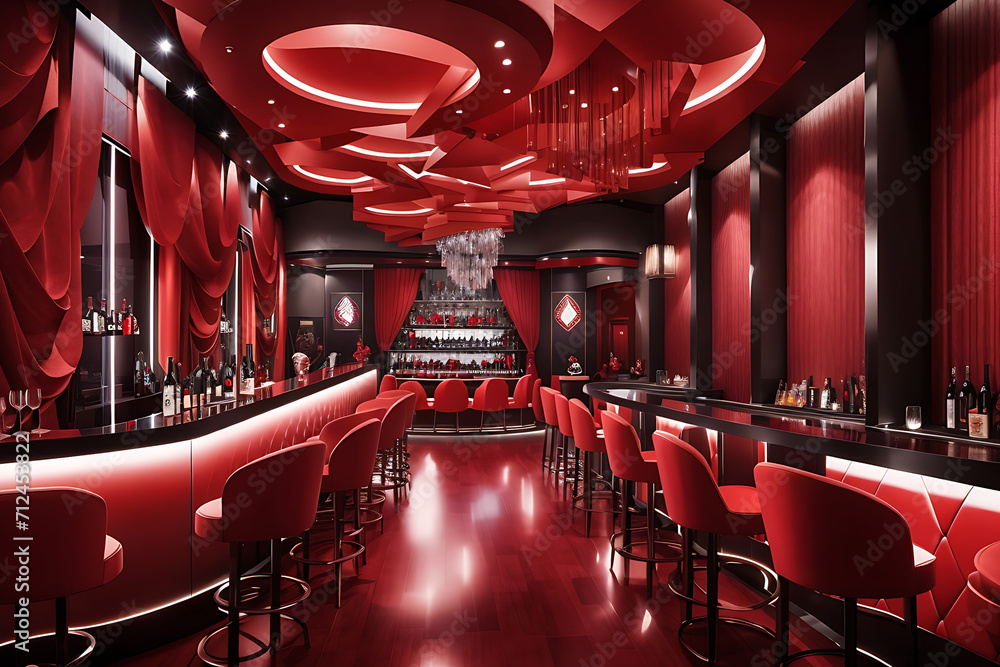 Red indoor interior night club VIP luxury design decoration. Part drink bar restaurant night club night lifestyle design. - obrazy, fototapety, plakaty 