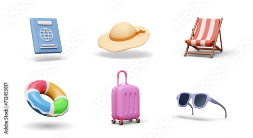 Set of tourist items. Vacationer accessories. 3D passport, sun hat, folding chair, plastic suitcase, sunglasses, inflatable color ring. Isolated vector