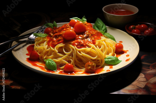 Delicious spaghetti served on a plate with tomatoes
