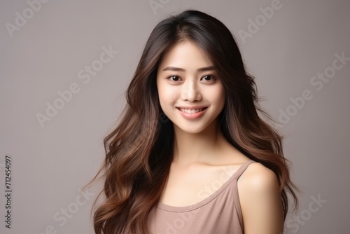 Portrait of beautiful Asian girl on light background. Young attractive Japanese woman with long hair smiles and looks at the camera. Cosmetology, beauty, fashion