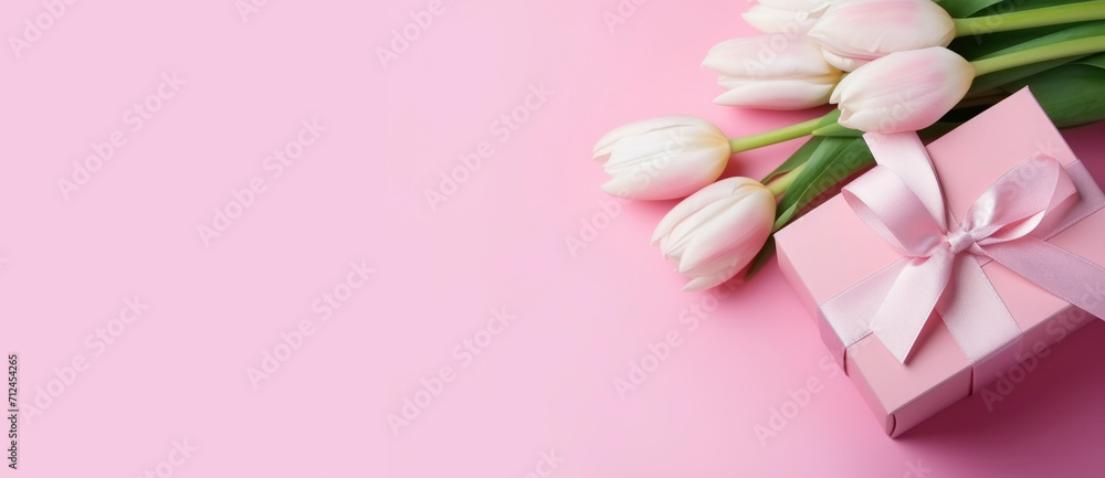 Beautiful pink box with a gift and white tulips on pink background flat lay. International Women's Day March 8, Mother's Day, Happy Birthday, Valentine's Day. Delicate festive background Beautiful pink box with a gift and white tulips on pink background flat lay. International Women's Day March 8, Mother's Day, Happy Birthday, Valentine's Day. Delicate festive background