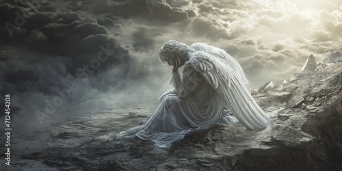 A Fallen Angel Background capturing the Essence of a Celestial being Cast Down - The Fallen Angel is the Focal Point portrayed with Ethereal Sorrowful Features created with Generative AI Technology