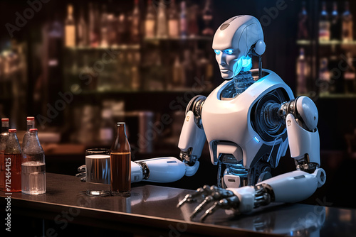 Robot AI Artificial Intelligence Bartender Waiter waitress chef cook diner restaurant cafe service industry catering food drinks Automation workplace taking over jobs Concept Illustration Photo