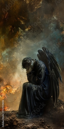 A Fallen Angel Background capturing the Essence of a Celestial being Cast Down - The Fallen Angel is the Focal Point portrayed with Ethereal Sorrowful Features created with Generative AI Technology