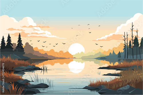 Sunset on a  Lake, Nature scene featuring a serene lakeside view