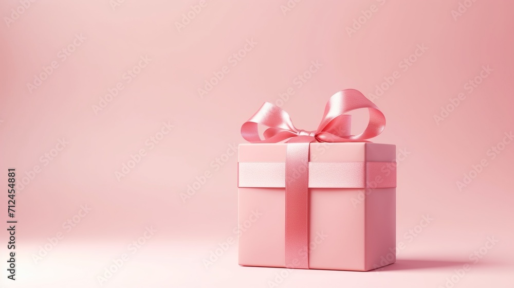 Pink gift box wrapped present with pink ribbon for valentines day celebration concept. Created with Generative AI.