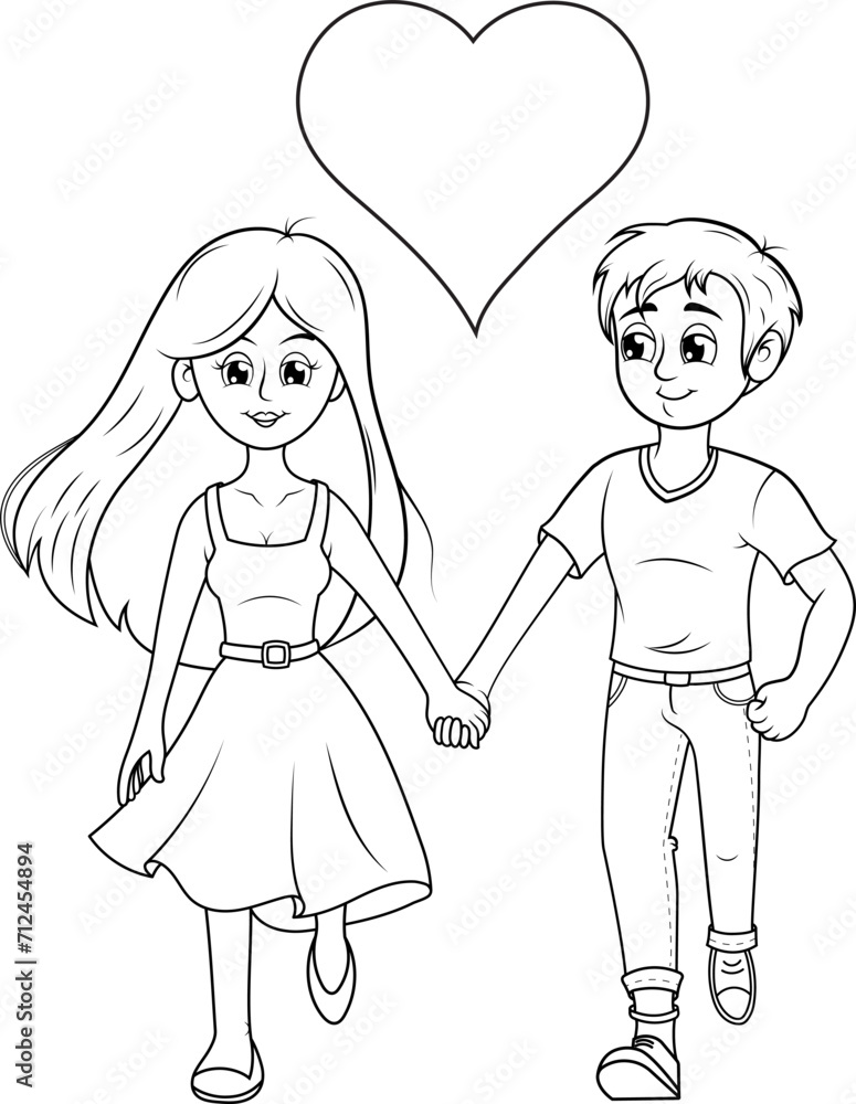 Pareja de enamorados caminando agarrados de las manos, ilustración vectorial estilo cartoon sin color en blanco y negro.