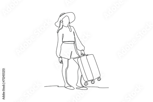 Single one line drawing girl preparing to go on holiday. Travel, vacation, holidays and adventure. Mountain landscape. Continuous line draw design graphic vector illustration