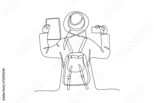 Single one line drawing of traveler vloger. Travel, vacation, holidays and adventure. Mountain landscape. Continuous line draw design graphic vector illustration