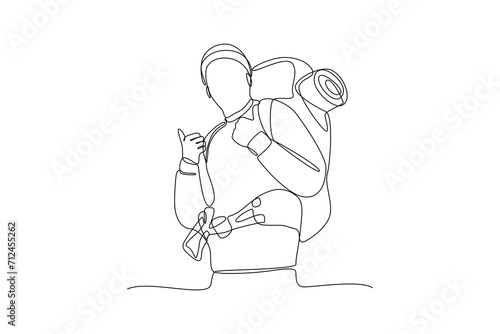 Single one line drawing a man who likes climbing mountains. Travel, vacation, holidays and adventure. Mountain landscape. Continuous line draw design graphic vector illustration