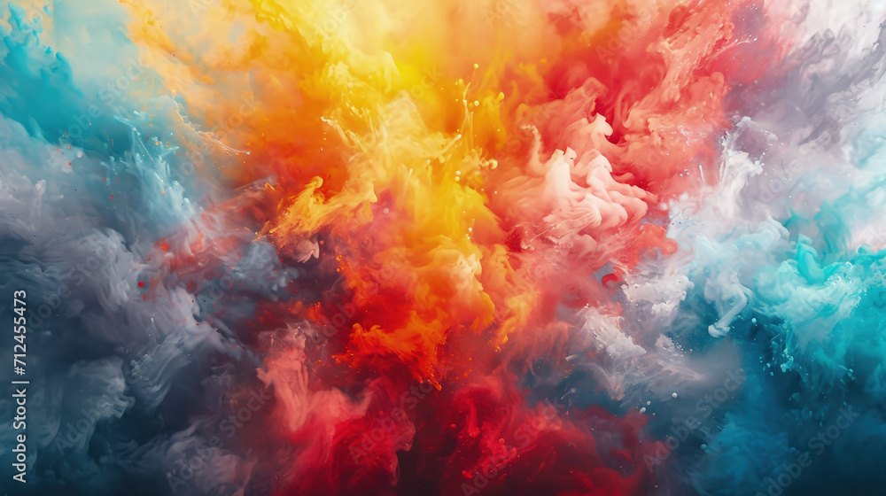 Splash of multicolored watercolor, swirl of color paint, abstract background. Pattern of bright explosion of colorful powder or liquid. Concept of spectrum, art, water, banner, holi