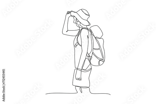 Single one line drawing girl who is on holiday in the mountains. Travel, vacation, holidays and adventure. Mountain landscape. Continuous line draw design graphic vector illustration