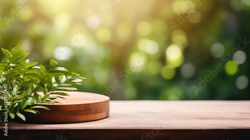 Wooden table for product display and presentation on a foliage bokeh background. Generative AI