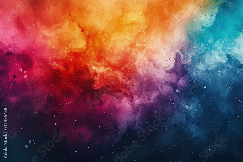 Splash of multicolored watercolor, swirl of color paint, abstract background. Pattern of bright festive explosion of colorful powder. Concept of spectrum, art, water, holi, burst photo