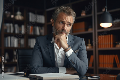 Focused mature businessman deep in thought while sitting at a table in modern office 