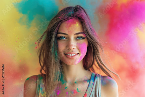 Face of smiling young woman at Holi festival in India, happy adult girl with paint on body, female tourist portrait on colorful powder background. Concept of color, party, travel people