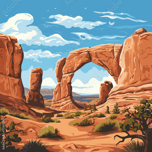 simple vector illustration, simple colors, arches national park. Tourist destination, travel destination. Famous tourist attraction. Amazing natural arches in arches national park, a must-see tourist 