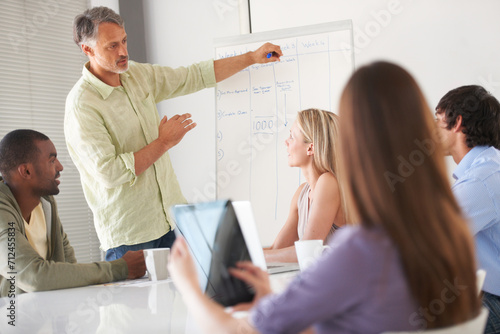 Business people, presentation and manager on whiteboard for team conference in startup. Speaker, meeting and mature professional designer planning strategy or brainstorming creative idea on tablet photo