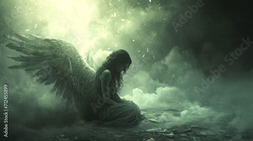 A Fallen Angel Background capturing the Essence of a Celestial being Cast Down - The Fallen Angel is the Focal Point portrayed with Ethereal Sorrowful Features created with Generative AI Technology