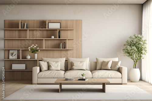 Sleek and functional lounge area featuring a light-colored sofa, clean lines, and minimalist design