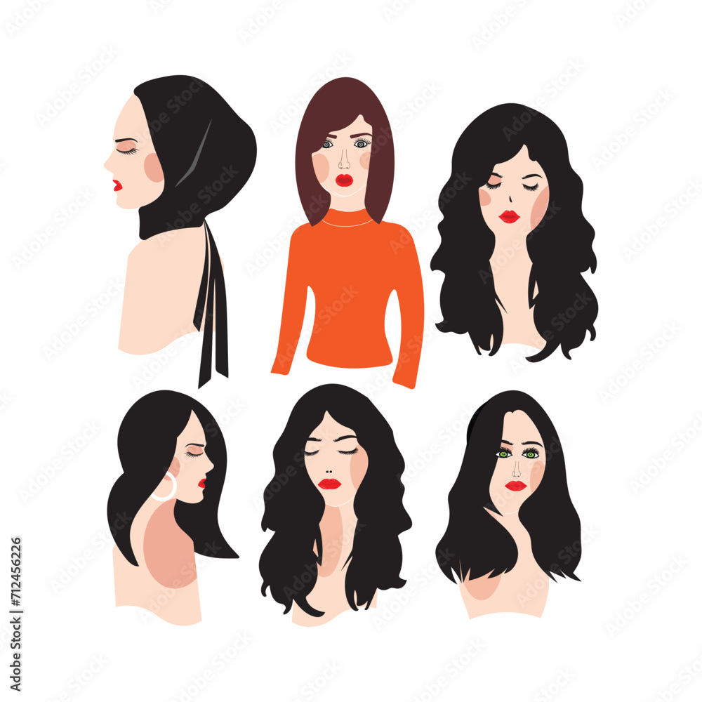Minimalistic flat portrait of a girl in profile. Woman modern icon avatar. Woman design. Abstract contemporary poster. Wall art design. Vector stock