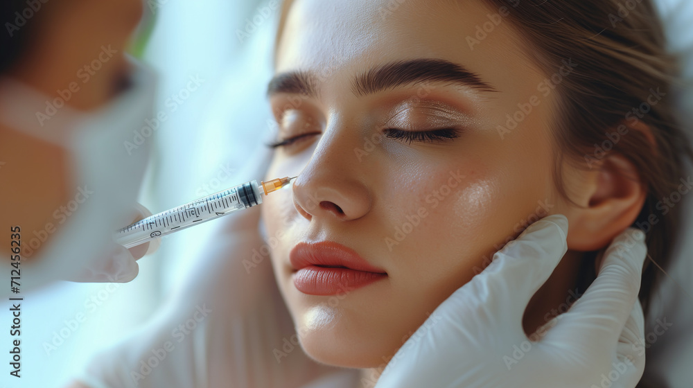 Doctor is injecting an injection into a beautiful young woman's face, on a cosmetic surgery bed. Close-up