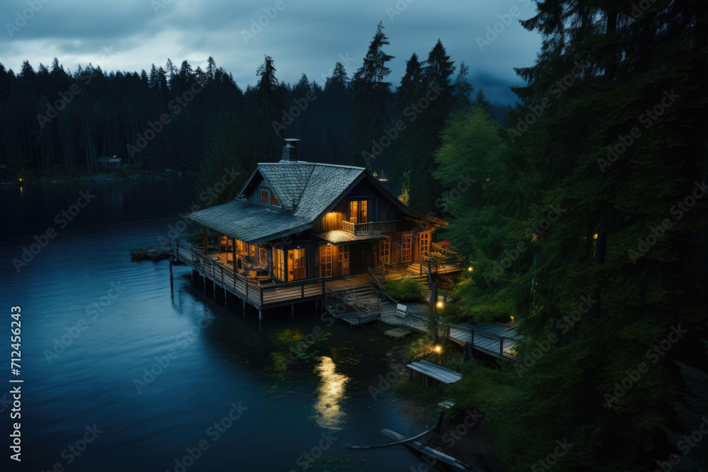 Obraz premium Aerial Escape: Lakefront Rustic Haven