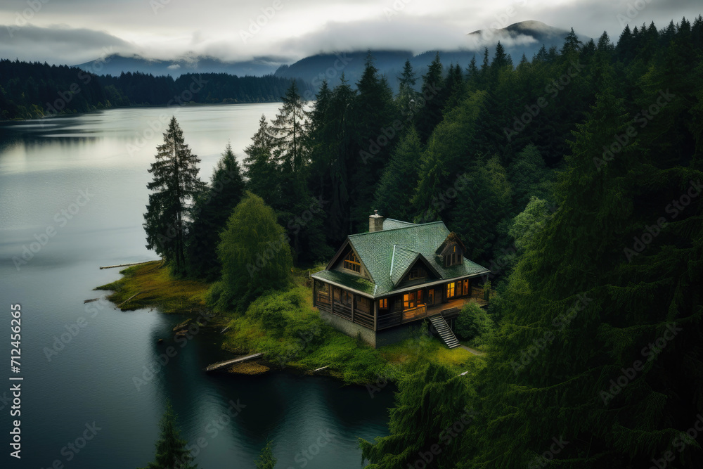 Fototapeta premium Atmospheric Woodland Retreat: Aerial View