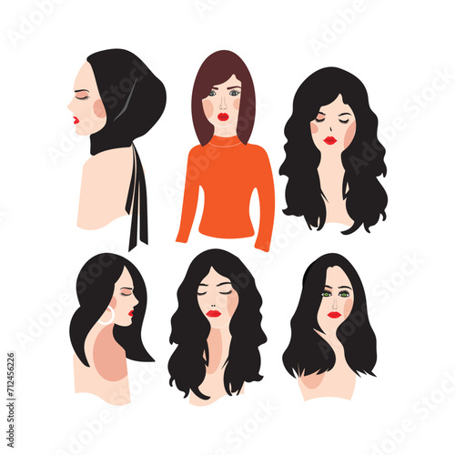 Minimalistic flat portrait of a girl in profile. Woman modern icon avatar. Woman design. Abstract contemporary poster. Wall art design. Vector stock