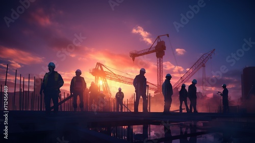 Silhouette of construction workers with hard hats and cranes against the colorful backdrop of a setting sun and a developing skyline.