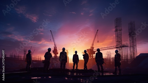 Silhouettes of construction workers with hard hats at a building site during a vivid sunset, symbolizing development and teamwork.
