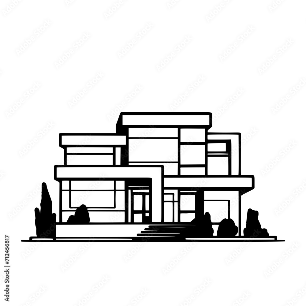 Flat roof house or commercial building in continuous line art drawing style. Modern architecture black linear sketch isolated on white background. Vector illustration Flat roof house or commercial building in continuous line art drawing style. Modern architecture black linear sketch isolated on white background. Vector illustration