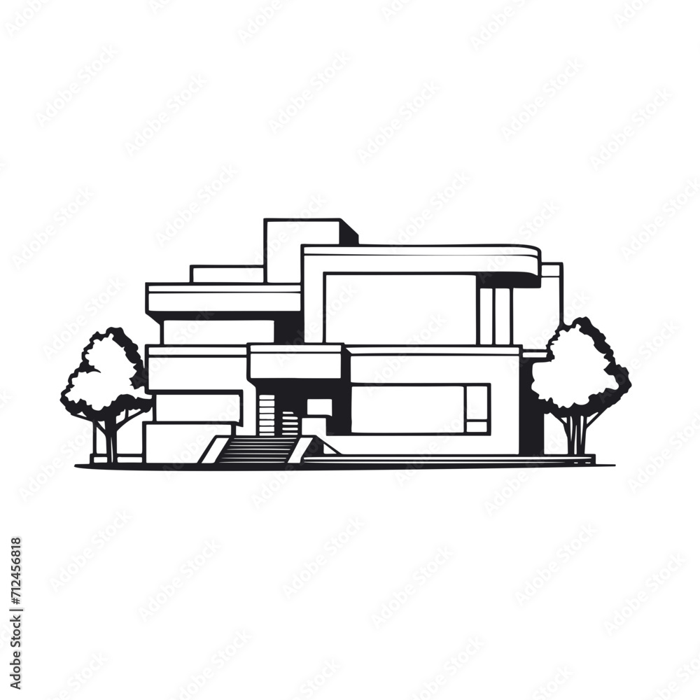 Flat roof house or commercial building in continuous line art drawing style. Modern architecture black linear sketch isolated on white background. Vector illustration Flat roof house or commercial building in continuous line art drawing style. Modern architecture black linear sketch isolated on white background. Vector illustration