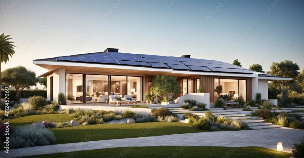 Green Living Aesthetics Discover the Charm of Modern Eco-Friendly Single-Family Homes, Adorned with Photovoltaic Cells, in Crystal-Clear 4K HD Through a 50mm Lens